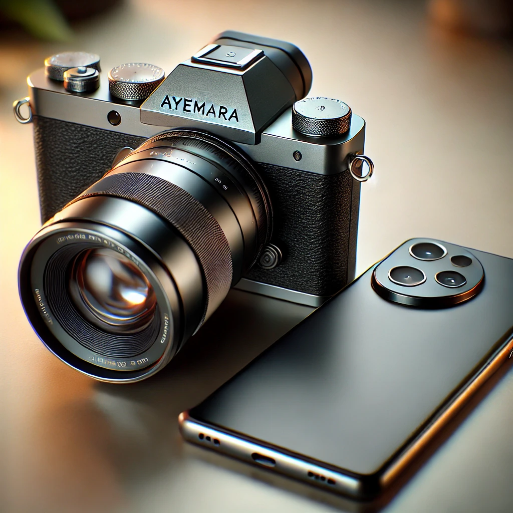 A photorealistic illustration of a professional camera branded 'Ayemara' alongside a sleek smartphone featuring a high-quality camera, both elegantly designed. The Ayemara camera has a modern and refined look with the brand name subtly engraved, while the smartphone complements it with a minimalist design and a premium lens module. The devices are displayed on a clean surface with warm, natural lighting, and a softly blurred natural background. The composition highlights the craftsmanship and premium features of both products in a sophisticated manner.